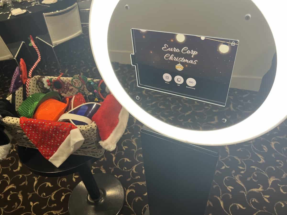 Christmas photo booth props table at a corporate event
