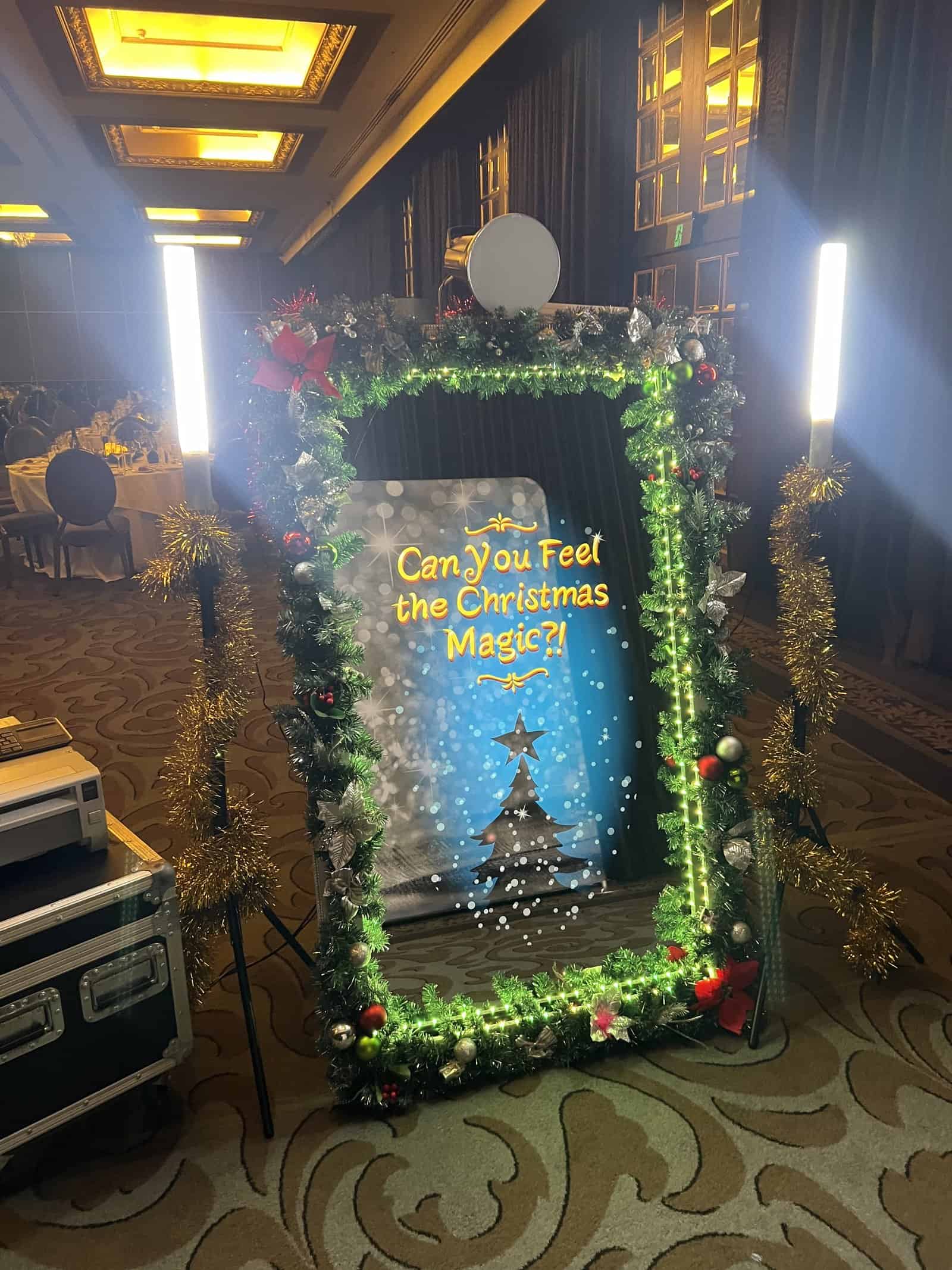 Selfie Central photo booth decorated for a Christmas party